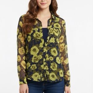 Love Fire Sheer Floral Button-Up Blouse Medium Yellow Navy Long Sleeve